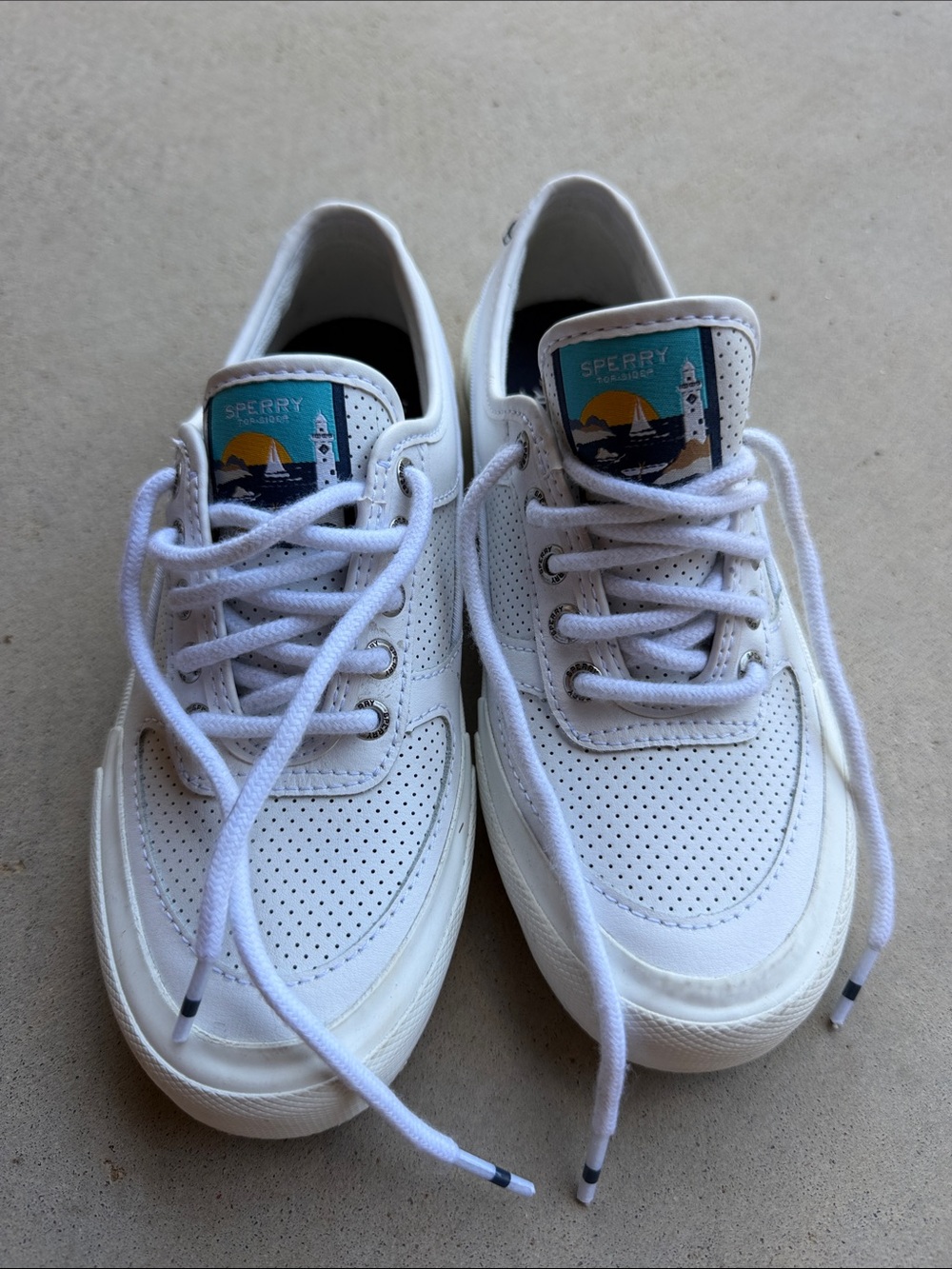 Sperry White Perforated Lace-Up Boat Sneakers with Nautical Patch